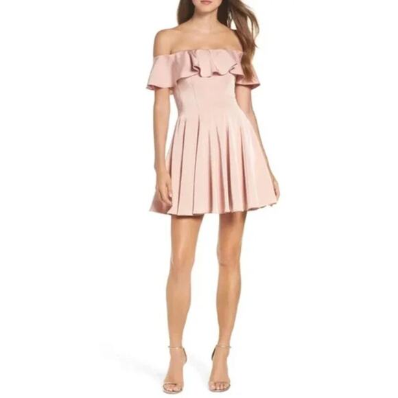 La Femme NWT Blush Pink Ruffled Off Shoulder Fit & Flare Dress- Size 4 - Picture 1 of 11